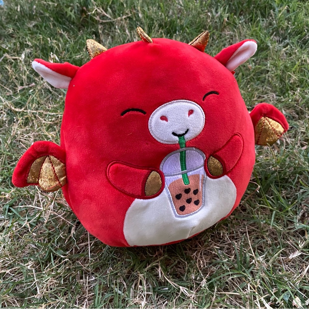 Baiden the Dragon with boba tea Squishmallow in red and gold heart 8 inches